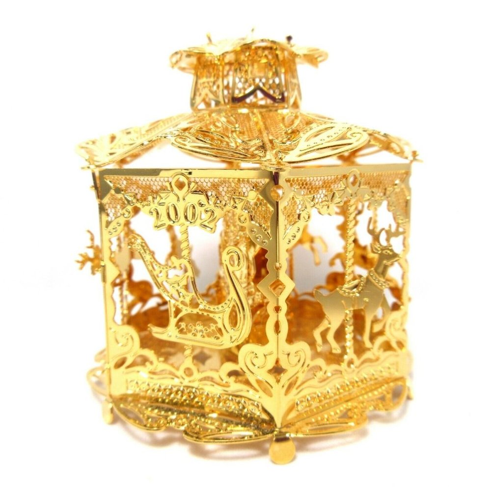 2002 Reindeer Carousel Danbury Mint Christmas Ornament Gold Plated